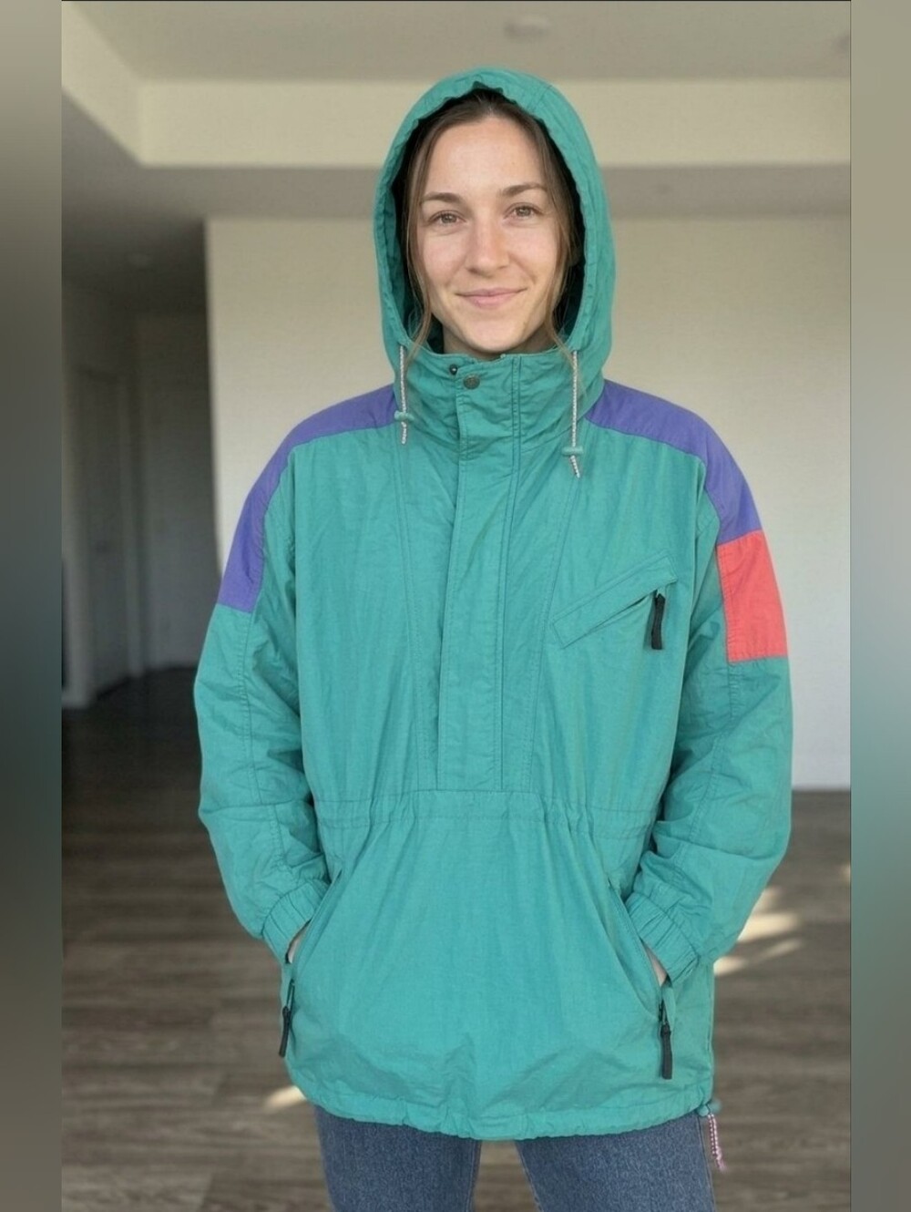 Vtg 90s Eddie Bauer Colorblock Anorak Jacket XL Teal Purple Gorpcore Windbreaker